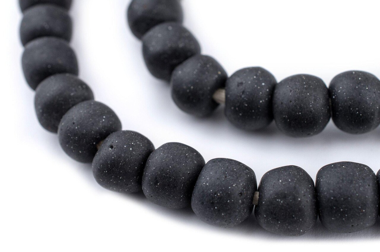 The Bead Chest Dark Grey Opaque Recycled Glass Beads 11mm Ghana African Sea Glass Round Large Hole 27 Inch Strand Handmade Fair Trade